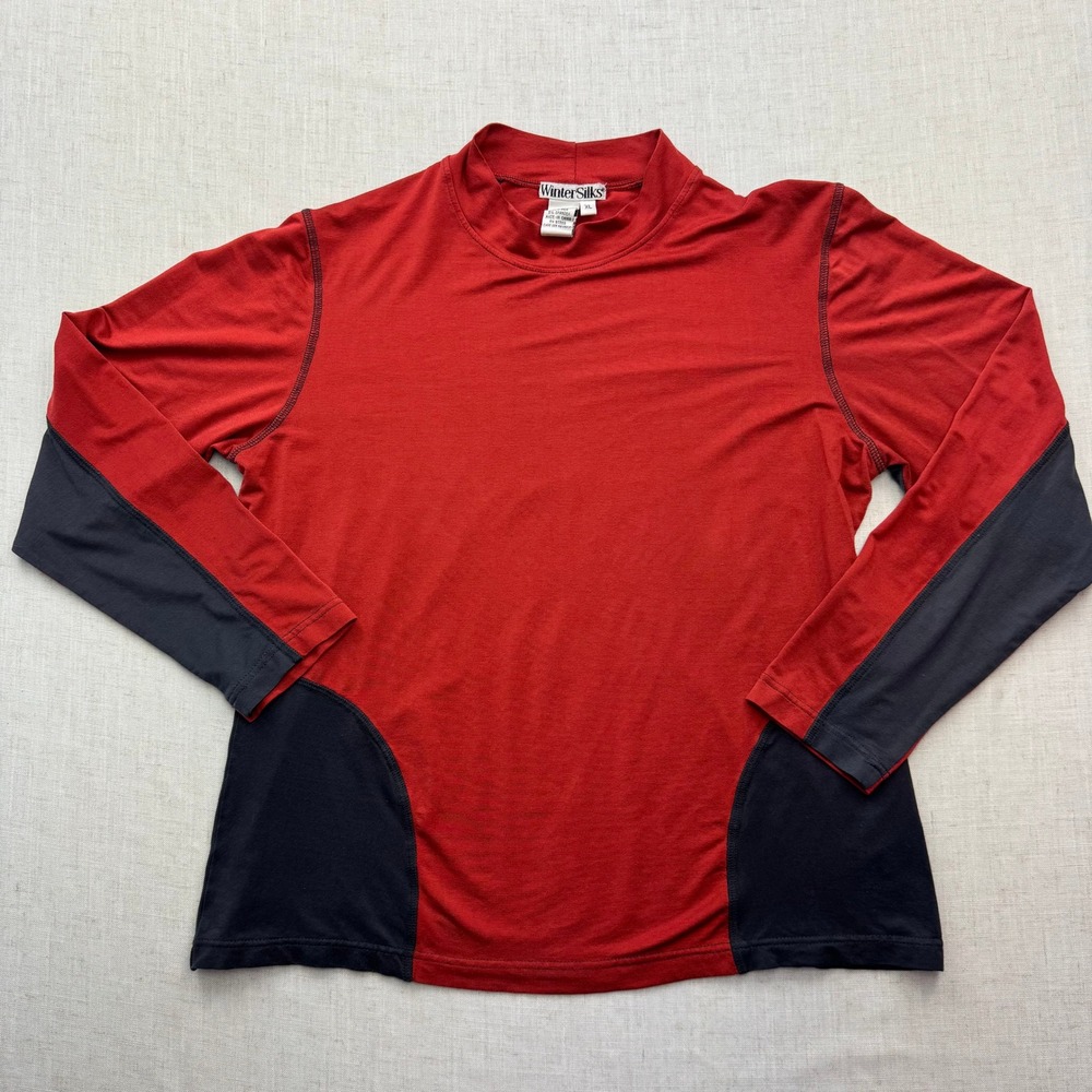WinterSilks Base Layer Top Mens XL Orange Grey Silk Mock Neck Thermal Sport 90s
